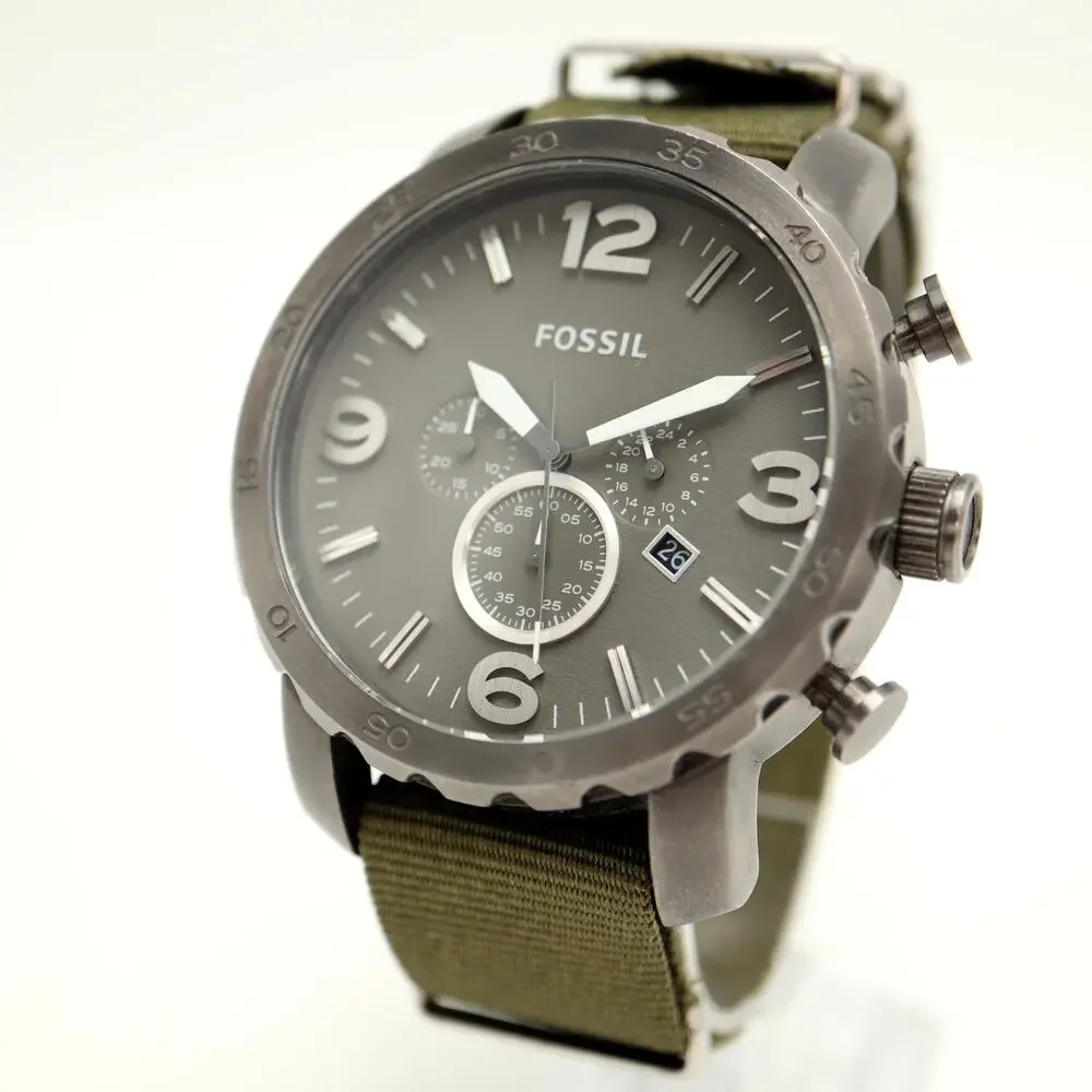 Fossil Nate Gunmetal Gray Men's 50mm Chronograph Watch Green Nylon w New Battery
